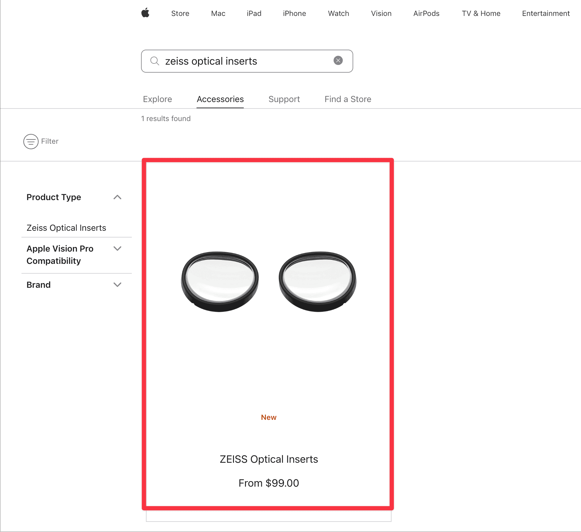 Select Zeiss Optical Inserts from the search page