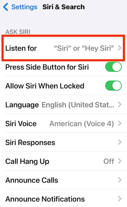 The Settings for Listen for on Siri and Search
