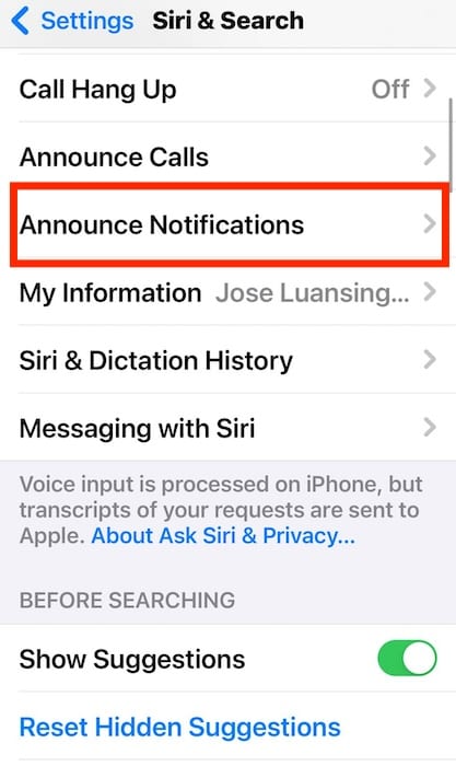 The Section for Announce Notifications on Siri and Search Settings