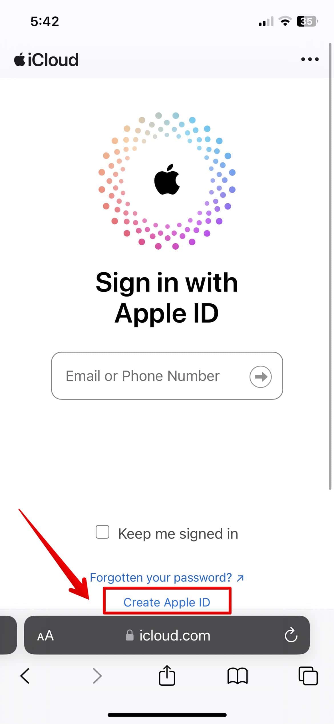 Нажмите «Создать Apple ID».