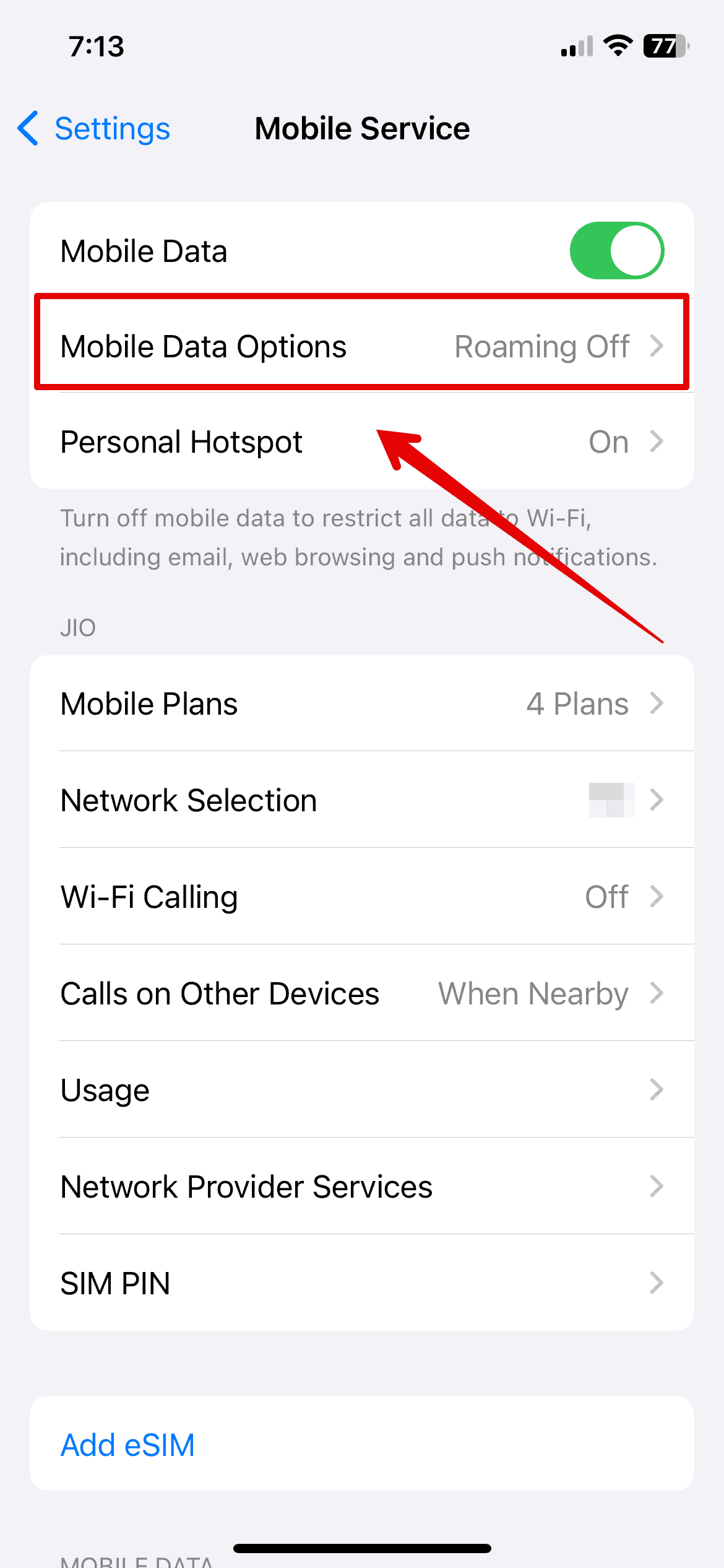 Tap on Mobile Data Options