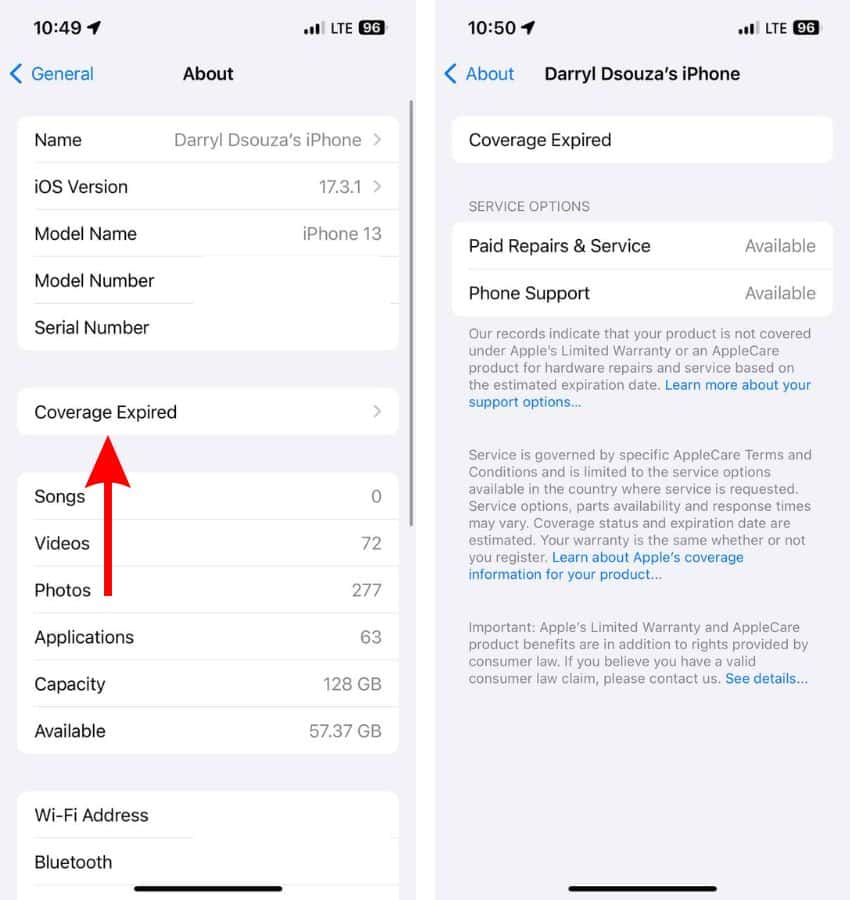 Tap the Coverage option to view your iPhone's AppleCare coverage