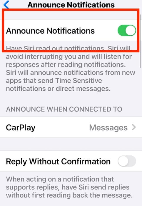 Turning on the Toggle Button for Siri and Search Announce Notifications
