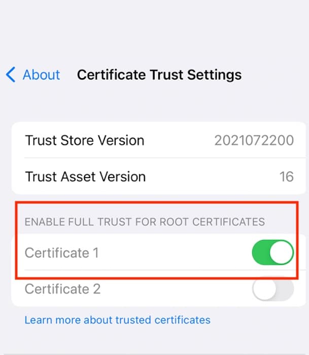 Toggle Buttons for Enable Full Trust for Root Certificates