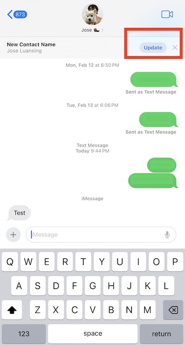 iMessage Conversation With Option to Update Contact Details