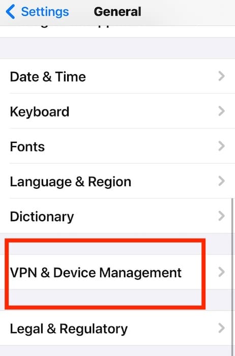 The VPN and Device Management Section in the iOS General Settings
