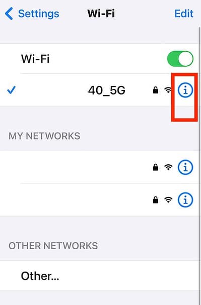 The Wi-Fi Section on iOS Settings iPhone