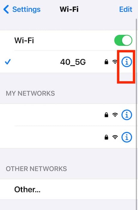 The Wi-Fi Section on iOS Settings iPhone