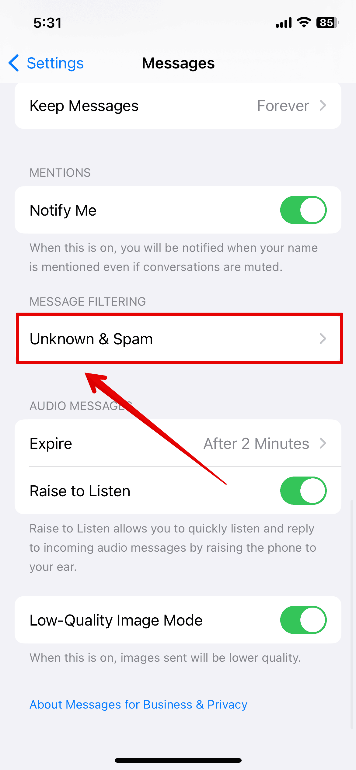 tap on Unknown & Spam