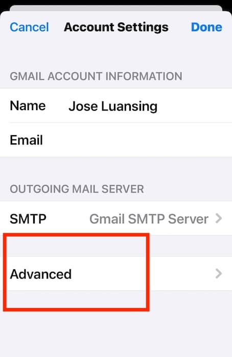 Clicking Advanced Settings in Mail App