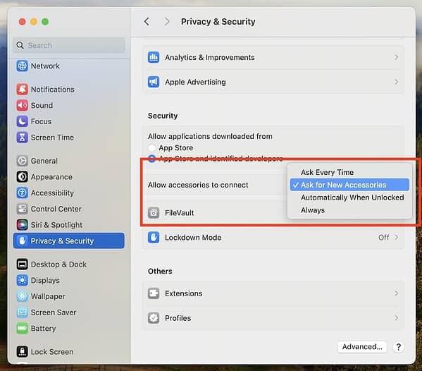 Adjusting the Always Ask Accessories on Mac Settings