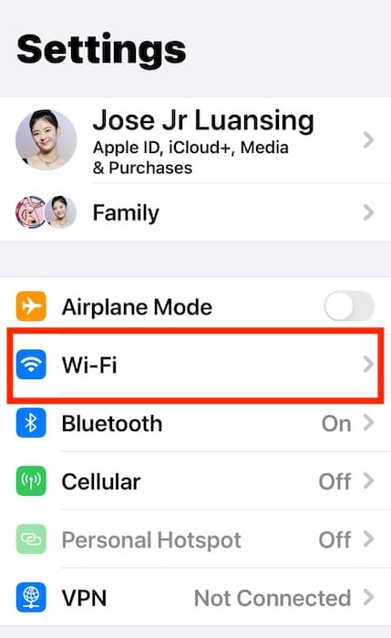 The Wi-Fi Section on the iOS Settings App