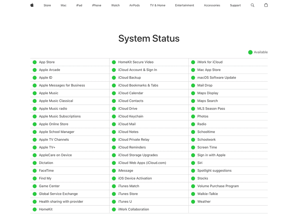 Apple System Status Website