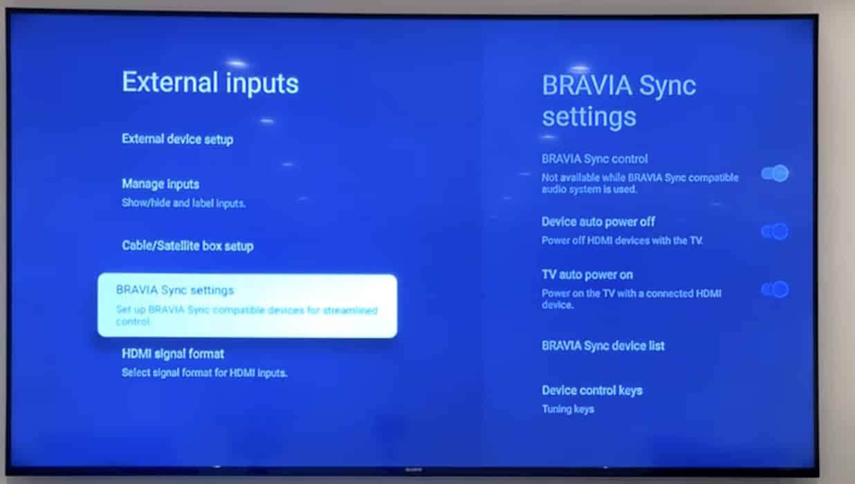 Clicking the BRAVIA Sync Settings Sony TV