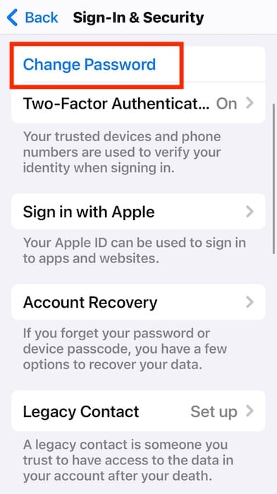 Change Password for Apple ID Profile
