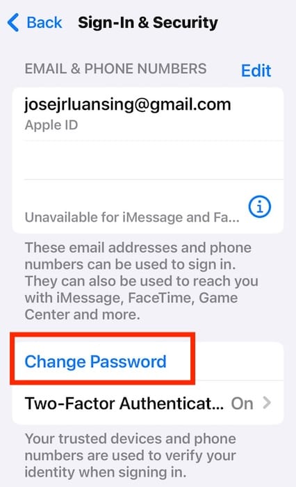 Change Password Option on Apple ID Settings