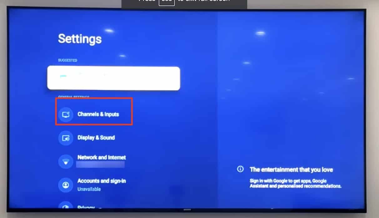 Opening the Channels and Inputs Section on a Sony TV