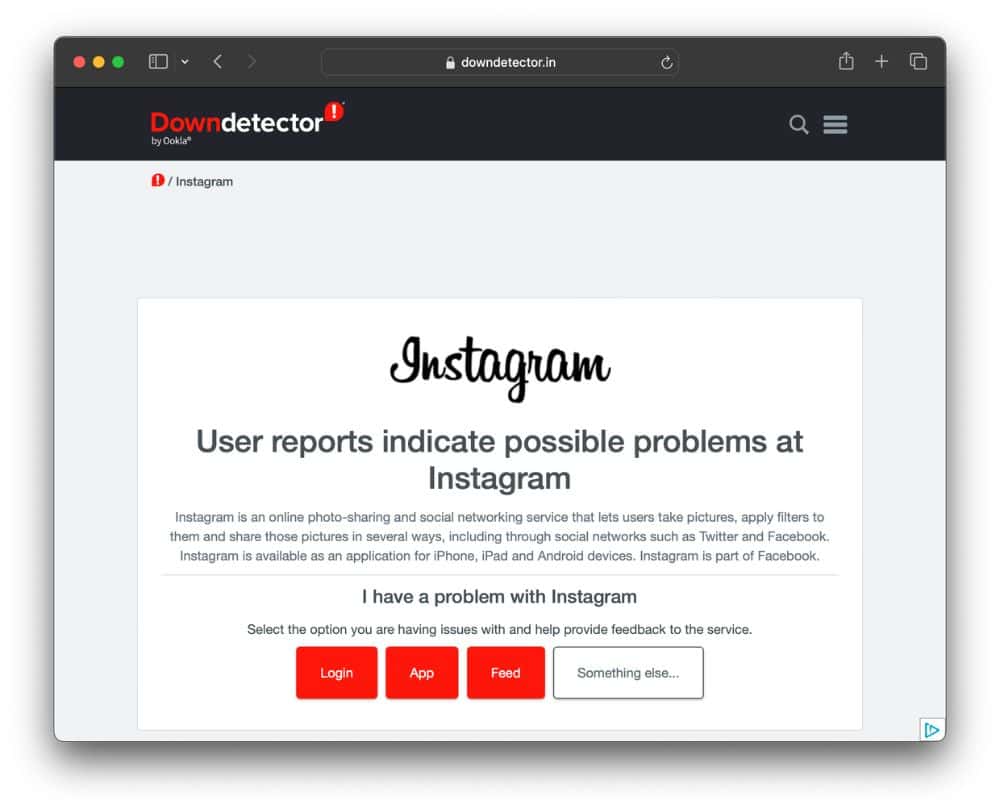 Check Instagram Server Status in Downdetector to help fix Fix Instagram Not Loading in Safari on Mac