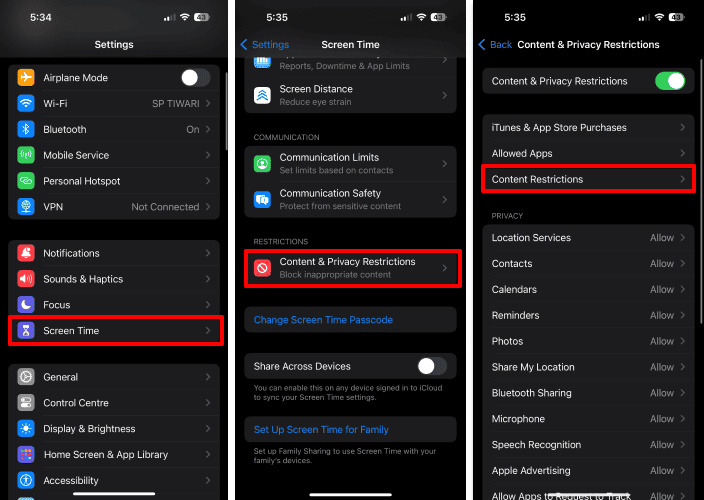 Check Parental Controls & Restrictions