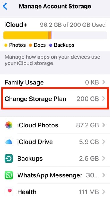 Change Storage Plan on Manage Storage iCloud
