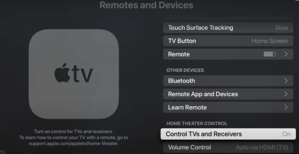Opening the Control TVs and Receivers Apple TV Settings