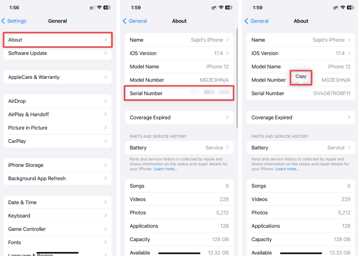 Copying serial number from iPhone Settings