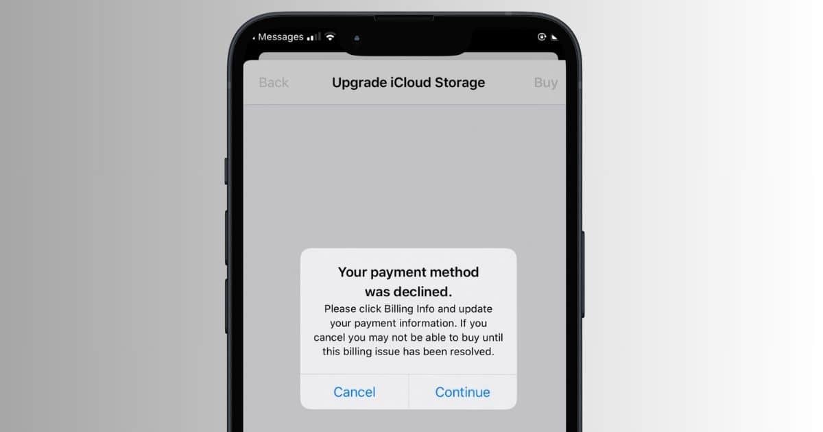 Text Declined Payment Method While Purchasing iCloud+ Subscription on Warning