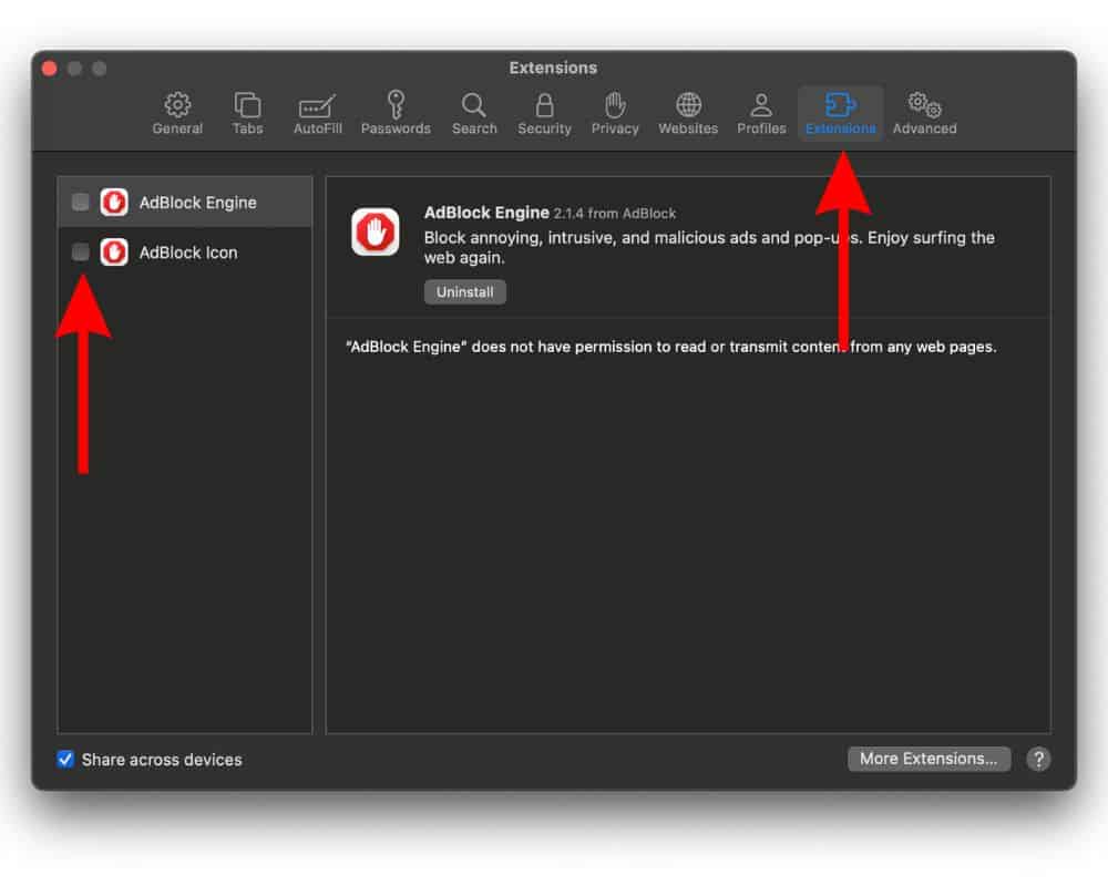 Disable Extensions in Safari Settings to Fix Instagram Not Loading in Safari on Mac