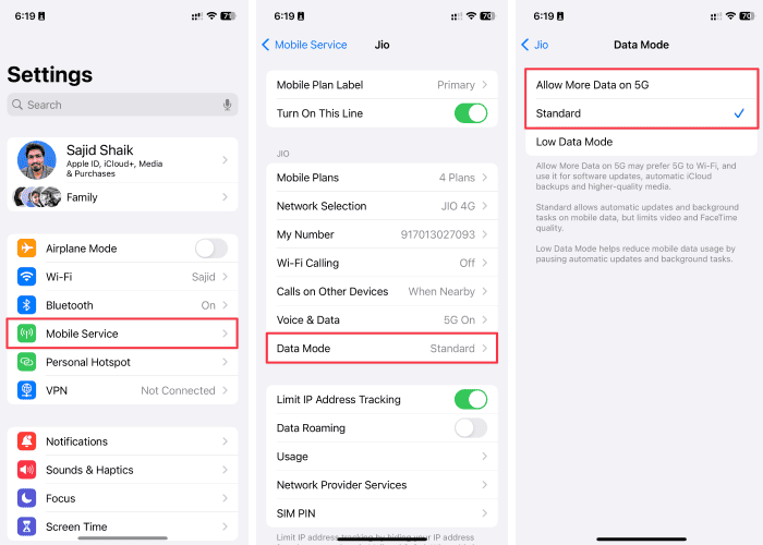 Disabling Low Data Mode on iPhone