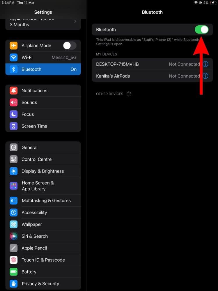 Enable the Bluetooth toggle on iPad