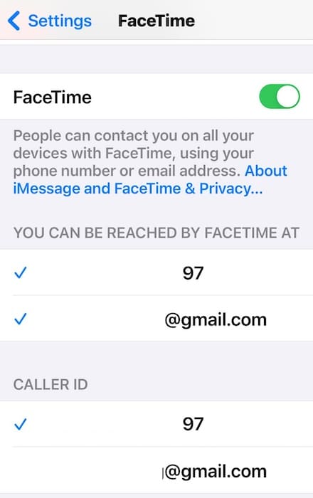 FaceTime Contact Details Configuration Settings