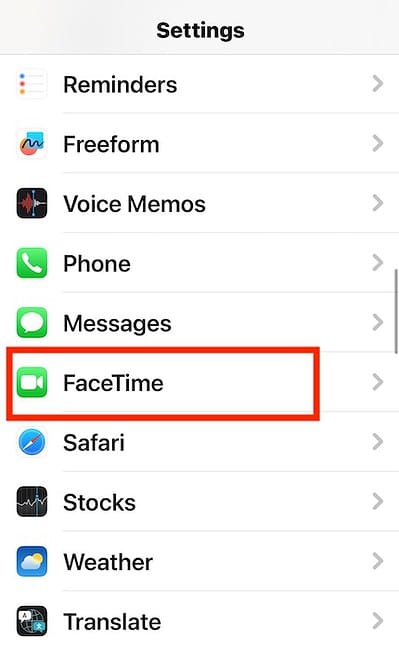 Selecting FaceTime Section in iOS General Settings