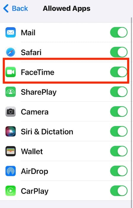 Selecting Toggle Button for FaceTime on Screen Time