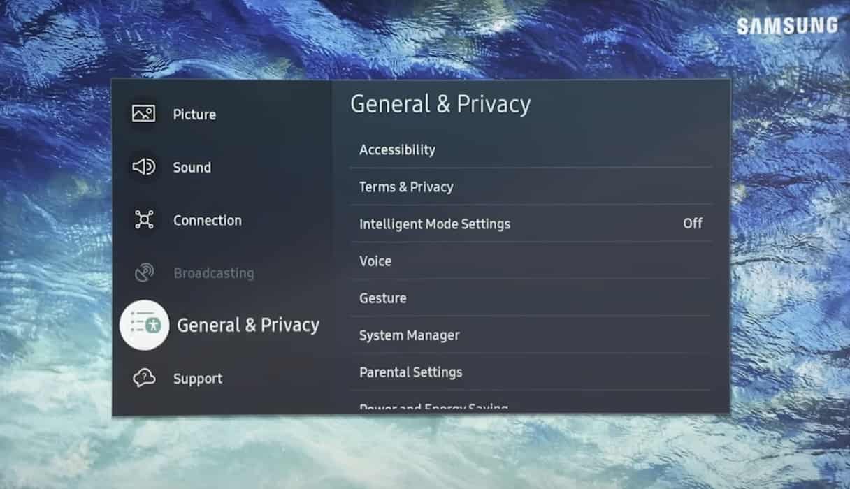 Opening General and Privacy Samsung TV Settings