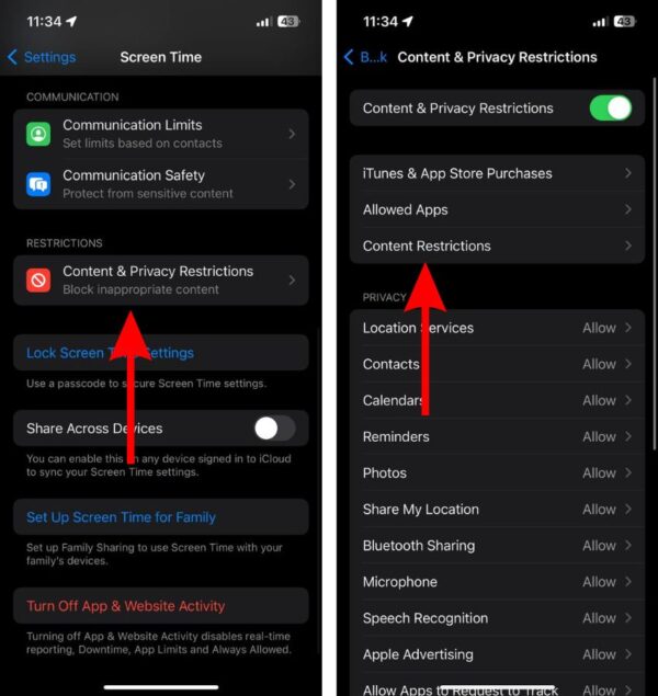 Head to Content Restrictions in Screen Time on iPhone