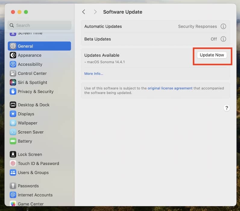 Installing the latest macOS Update Now