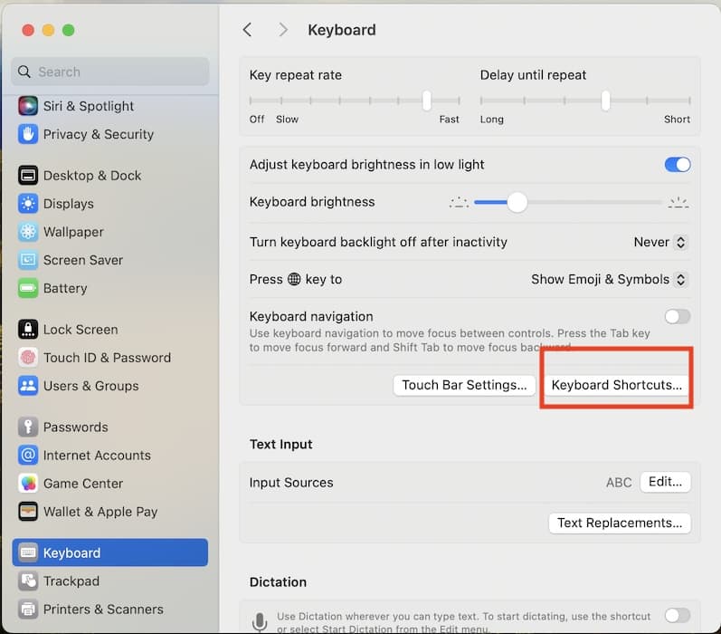 Opening the Keyboard Shortcuts Section on Mac