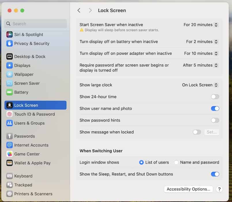 Configuring the Lock Screen System Settings on a Mac