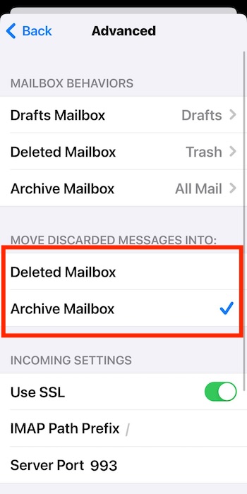Setting Where to Move Discarded Messages to Settings