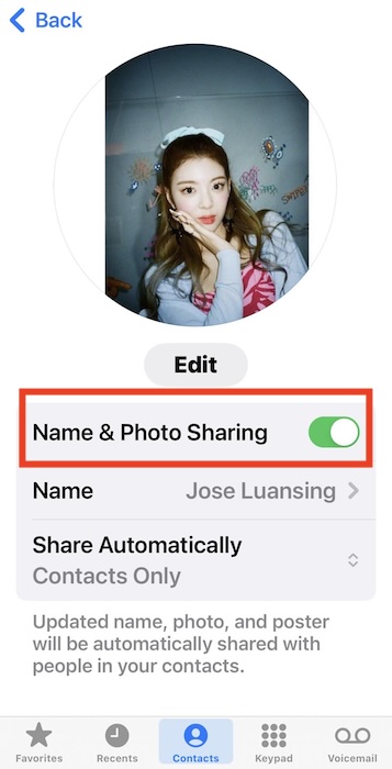 Opening the Name and Photo Sharing Toggle Button