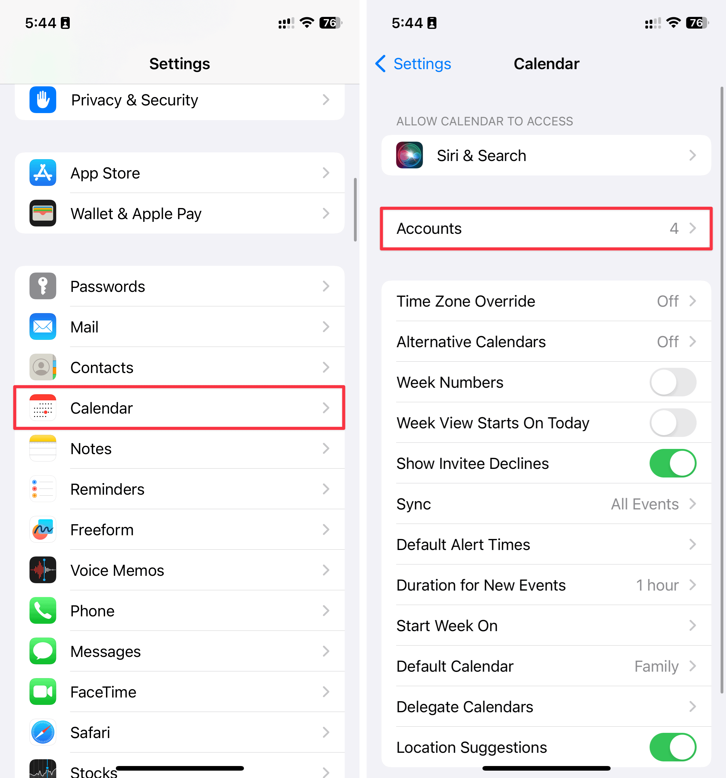Navigating to Accounts in Calendar Settings on iPhone