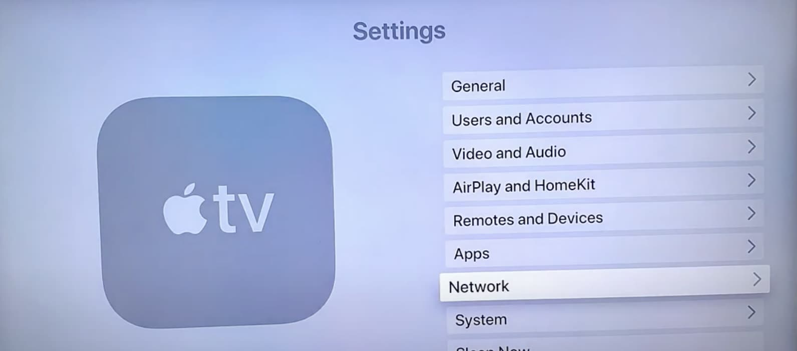 Opening the Network Settings on Apple TV