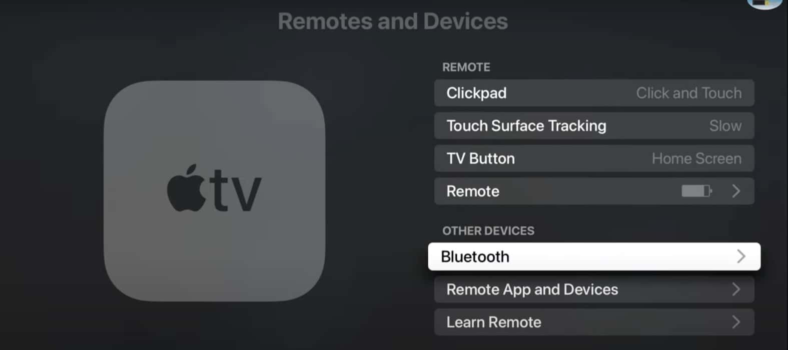 Selecting the Bluetooth Section in Apple TV Remotes and Devices