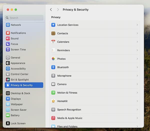 The Privacy & Security Section on Mac Menu Settings