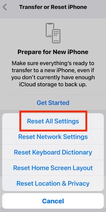Selecting Reset All Settings on iOS Device