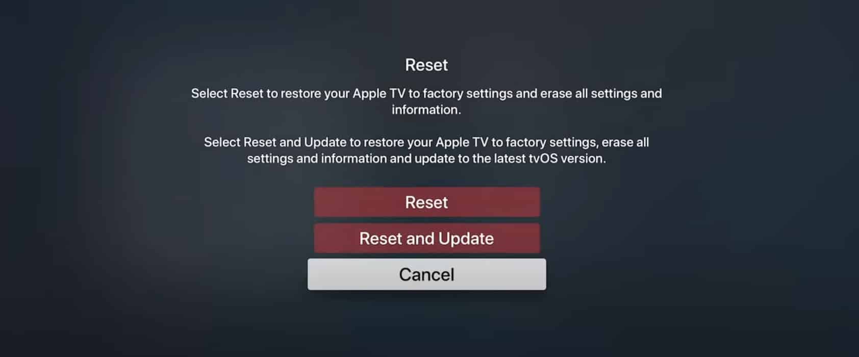 Clicking the Reset and Update Settings Apple TV