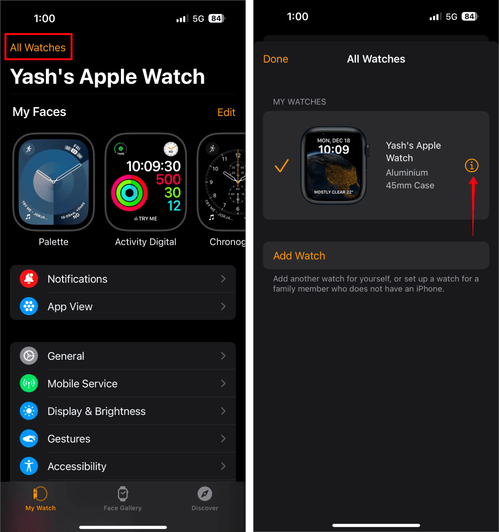Select All Watches, Tap the info icon