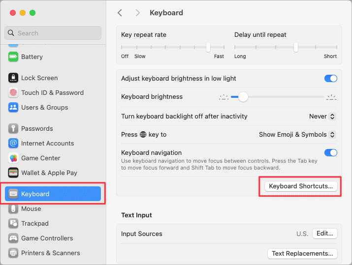 Select Keyboard and Keyboard Shortcuts in System Settings