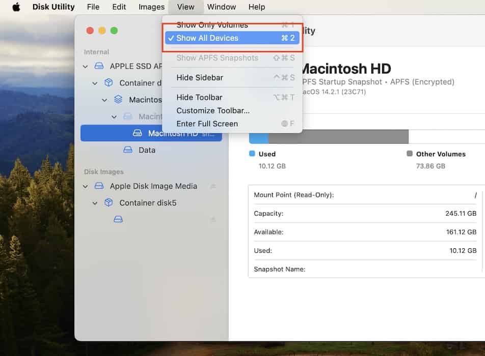 Selecting the Show All Devices Option on Finder Menu Icon