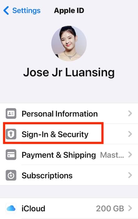 Sign-In and Security Section on iOS Device